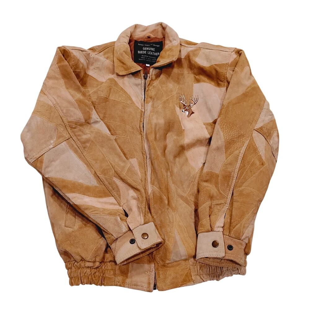 VTG Genuine Suede Leather Coat Jacket Italian Stone Design SZ Med Embroider Deer